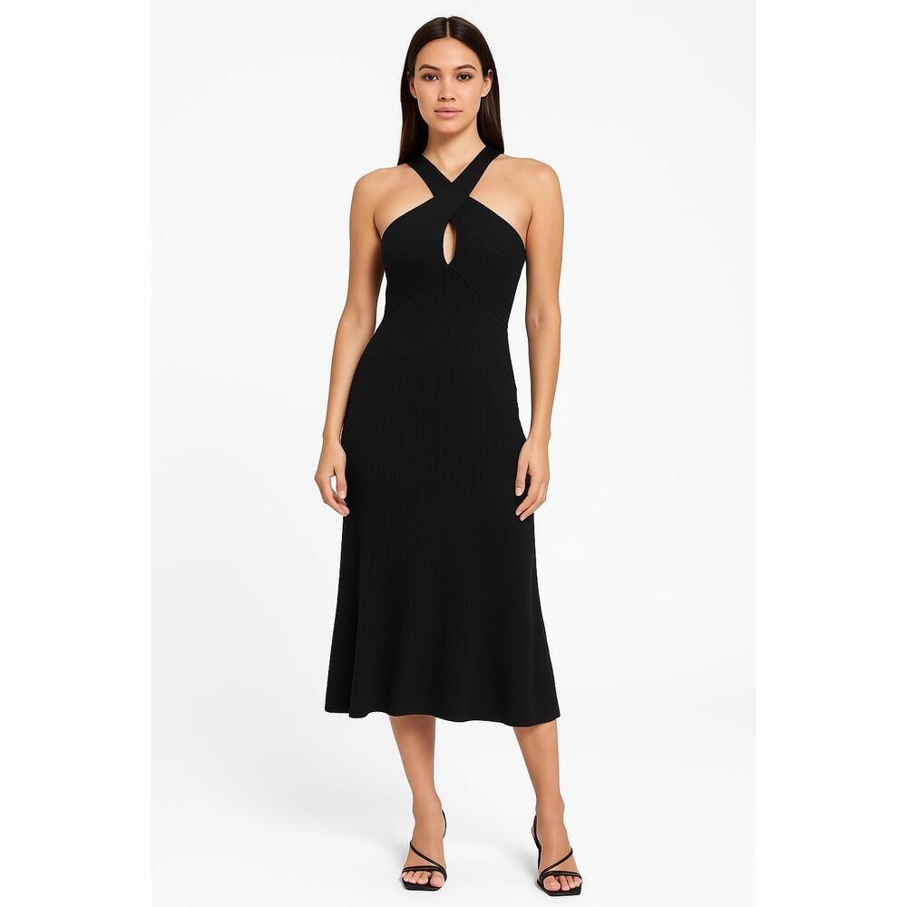 Line And Dot Black Criss Cross Sleek Contemporary Midi Knit Dress Womens Large